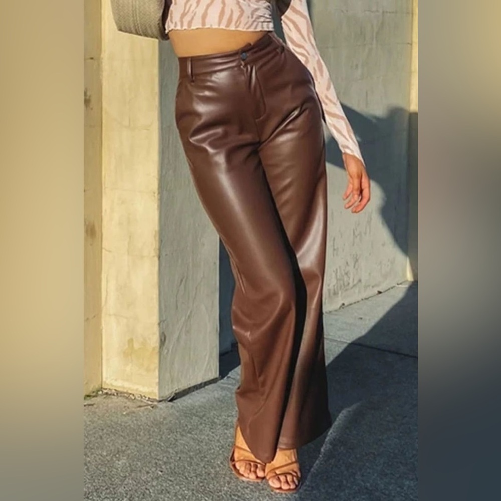 White Fox Boutique Brown Faux Leather Straight Leg Pants - Picture 2 of 6